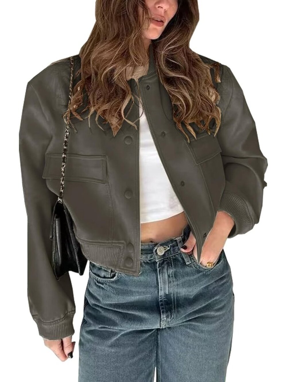 Women's Gray Cropped Button Down Varsity Jackets Shackets Pocket Bomber Jackets